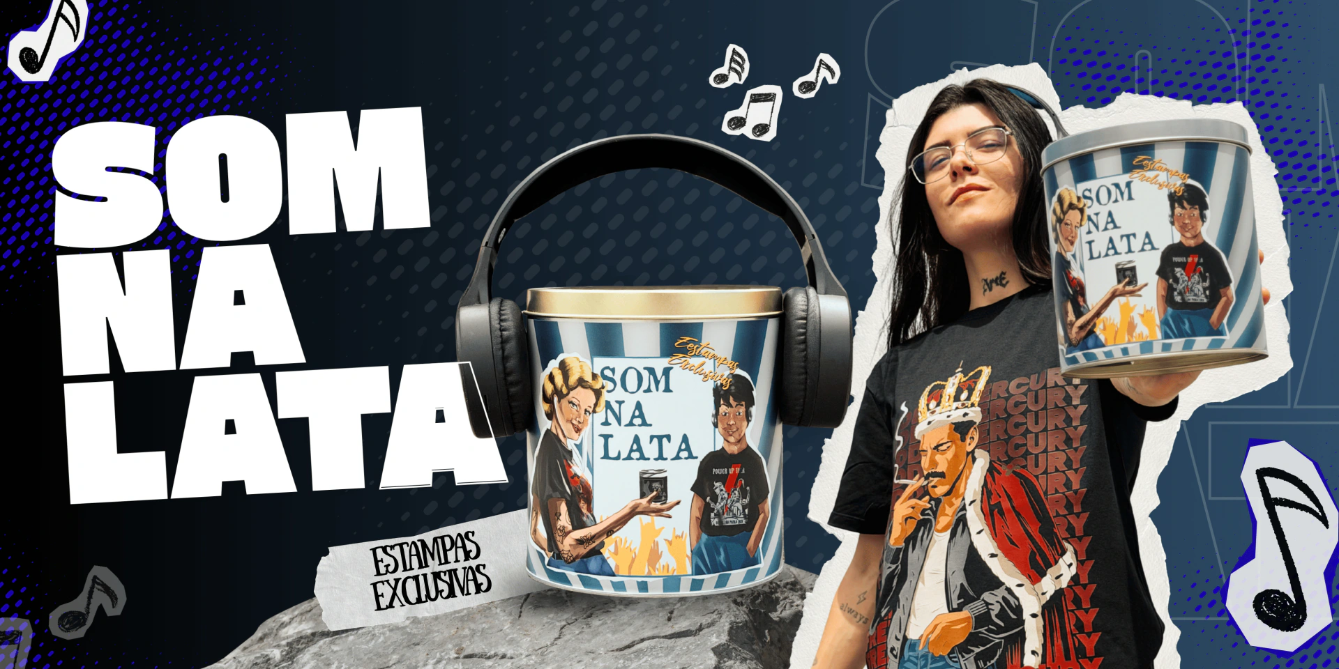 Campanha Som na Lata: uma modelo segura a lata especial ao lado de uma segunda lata com fones de ouvido.