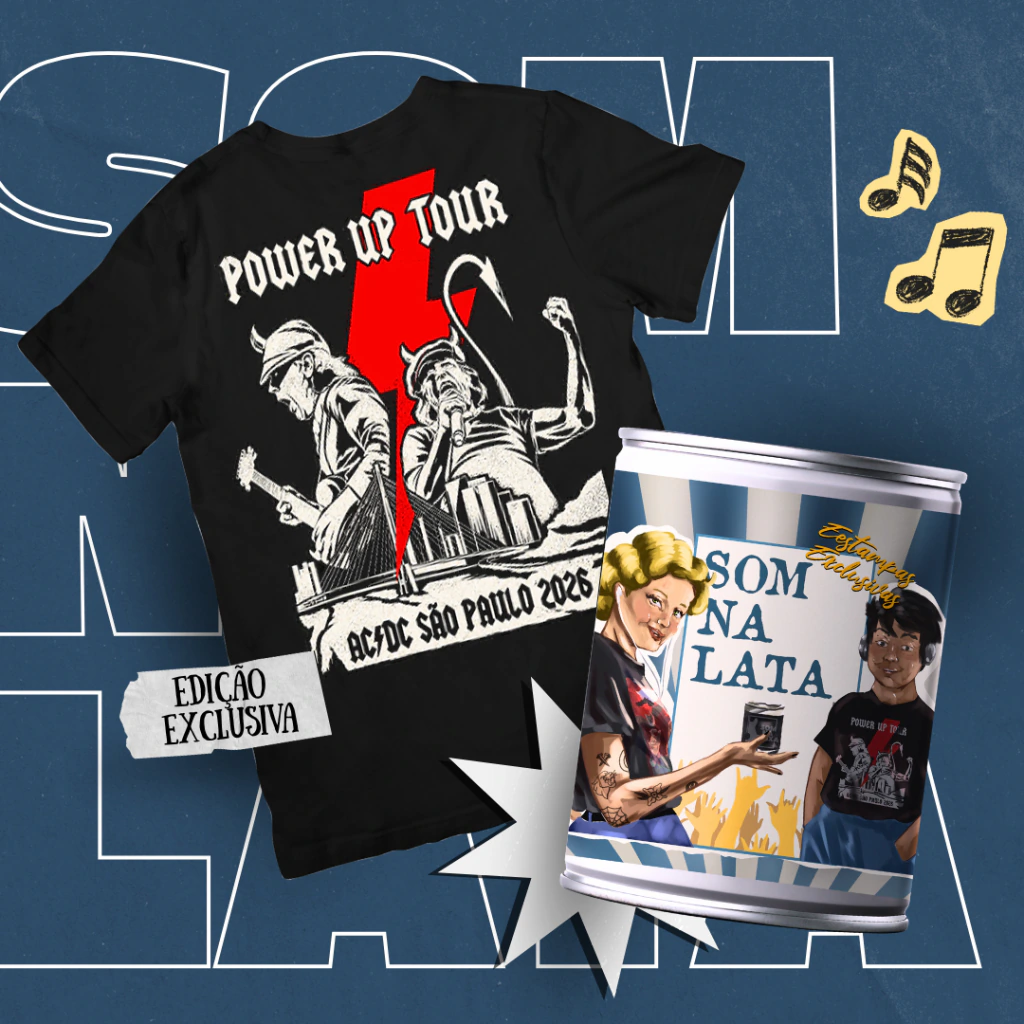 Camiseta de turnê AC/DC e lata Som na Lata.
