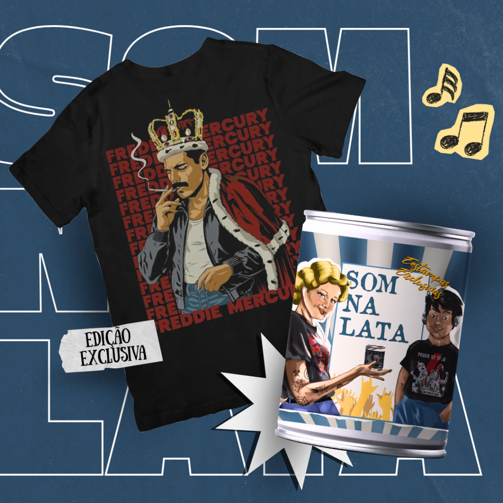 Composição de produto com camiseta ilustrada de Freddie Mercury e uma lata Som na Lata.