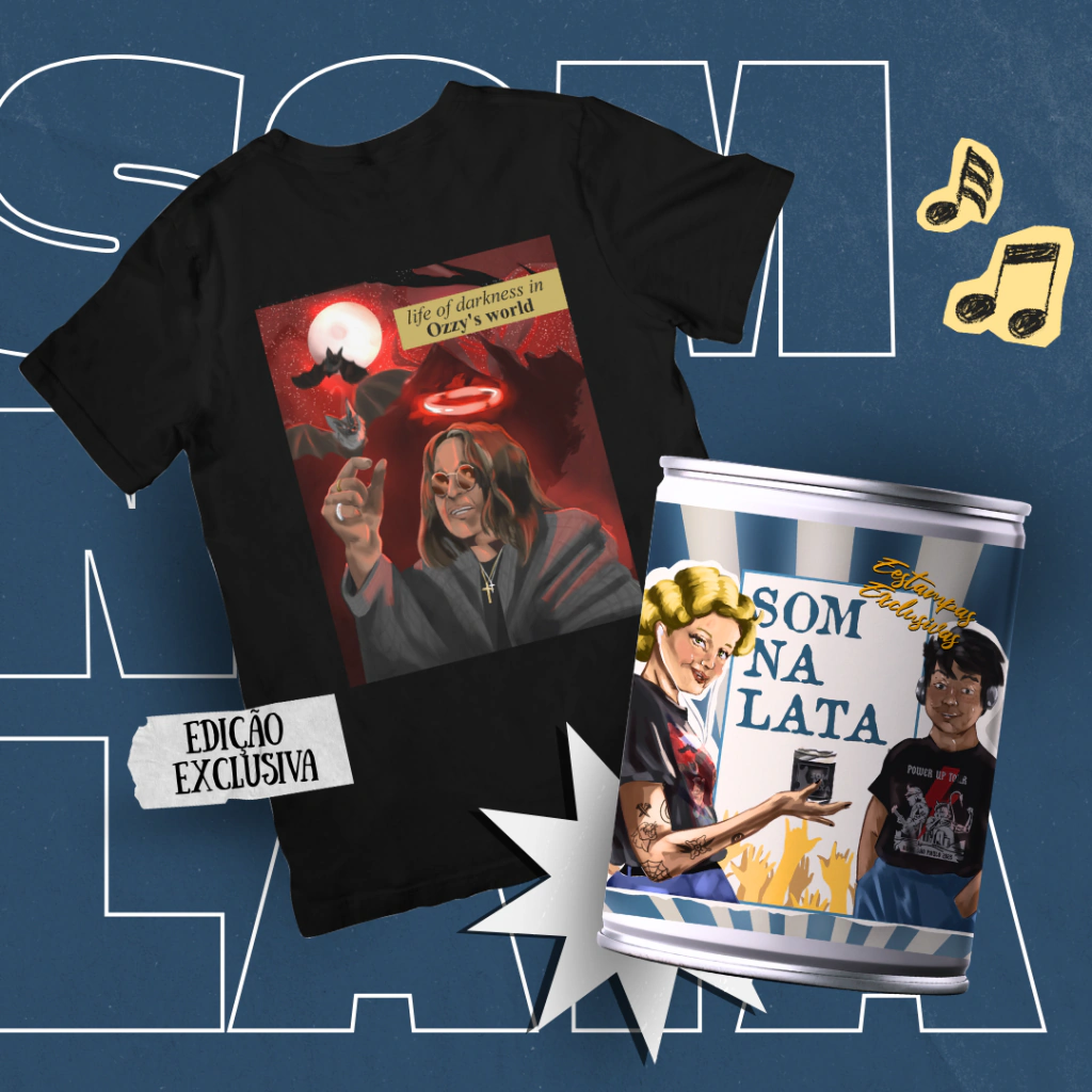 Camiseta ilustrada de Ozzy Osbourne e lata Som na Lata.